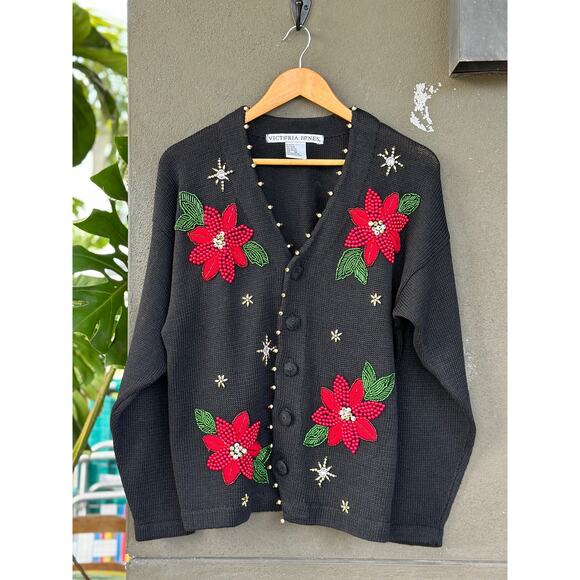 Vintage Victoria Jones Unisex Medium Ramie Black Ugly Christmas Cardigan Sweater - Picture 1 of 8